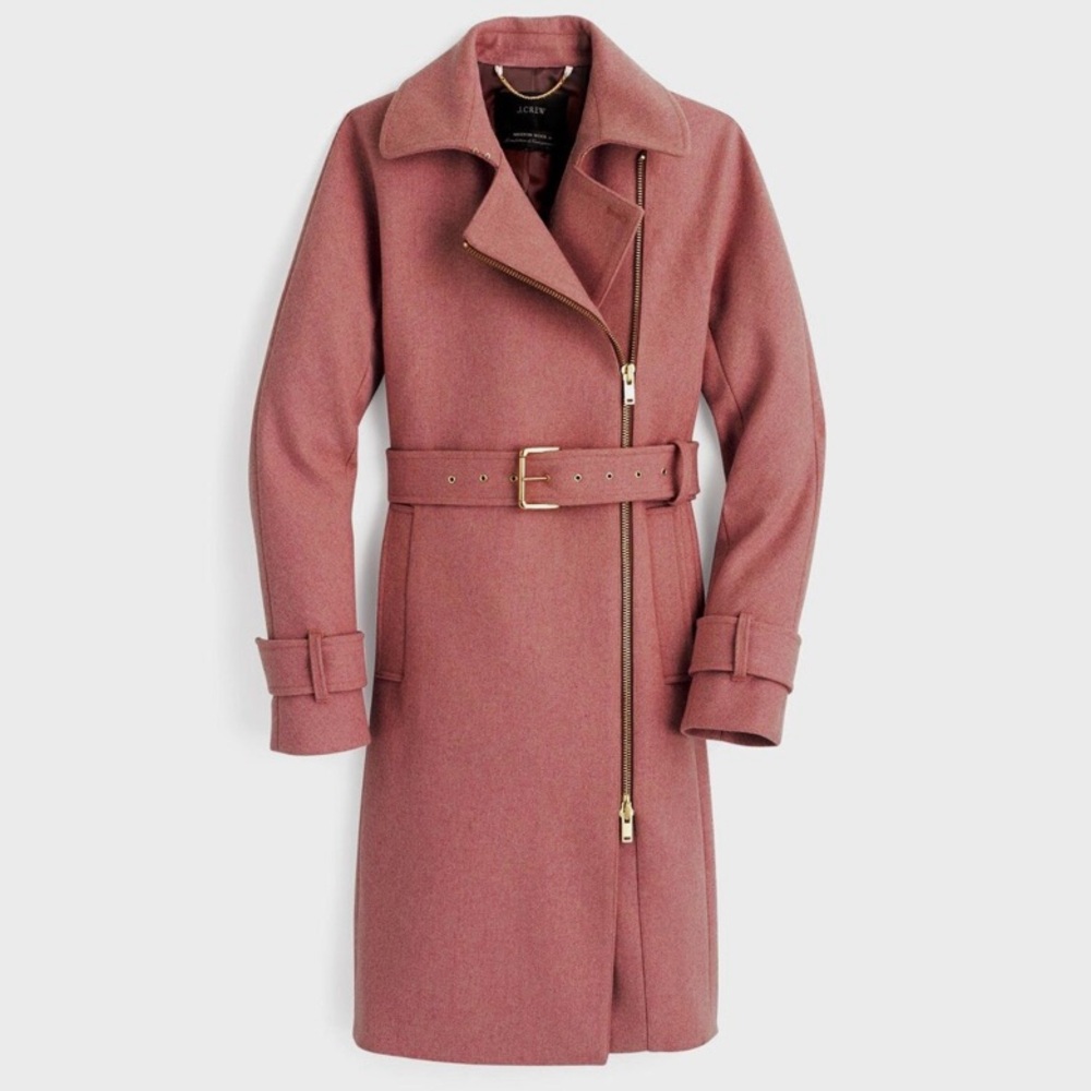 J.Crew Melton Wool Belted Zip Trench Coat Size 10 Pink Mid Length Preppy Pockets